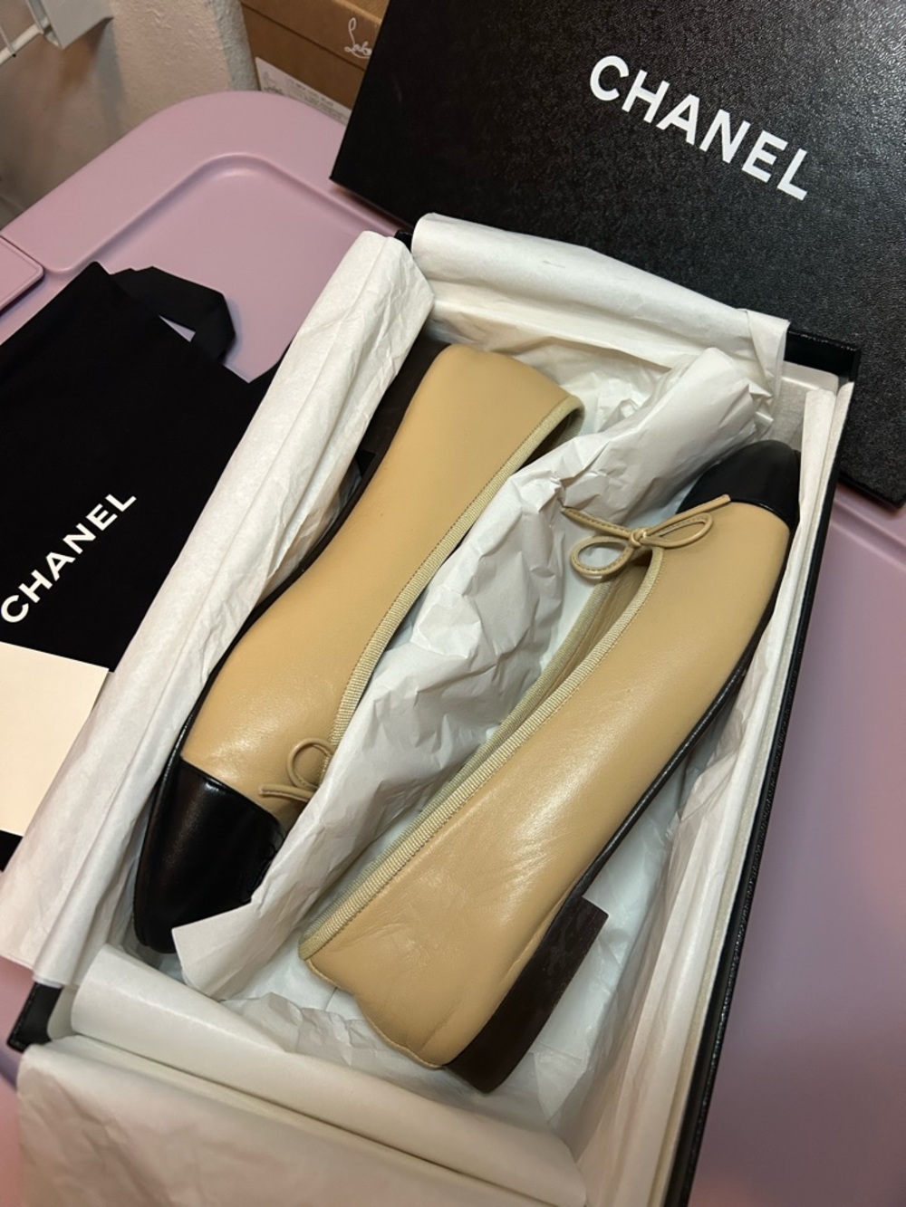 Chanel Lambskin Ballerinas in Beige & Black - Picture 5 of 8